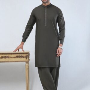Charcoal Grey Men’s Shalwar Kameez – Ban Collar Classic Style